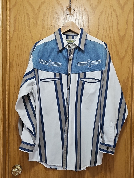 Sivik Other - Men's Striped Button-Front Shirt Jacket with Denim Yoke - Blue & Cream